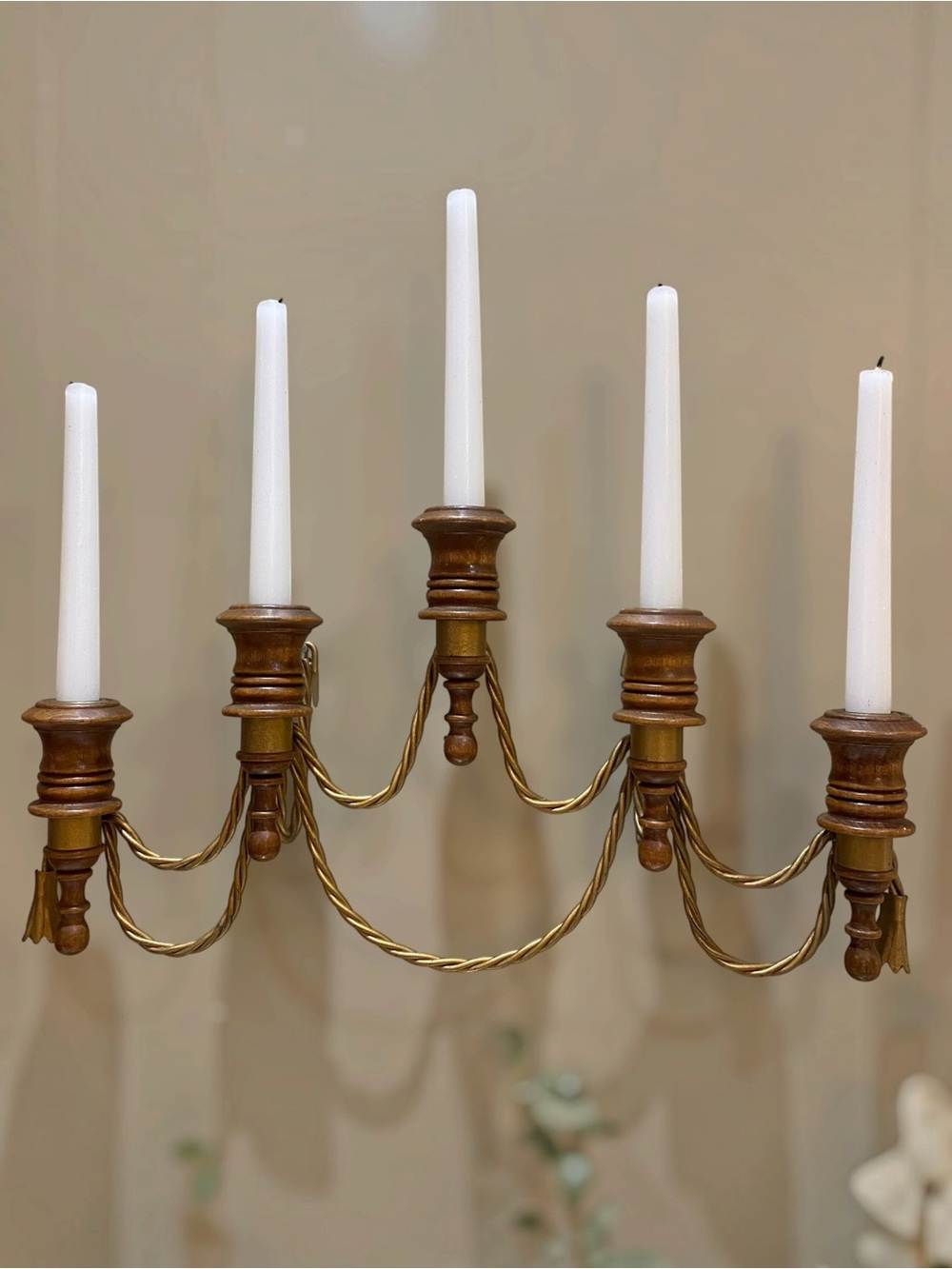 Vintage Wall Sconce 5 Candle Wood Metal Twisted Rope Hollywood Regency Old World